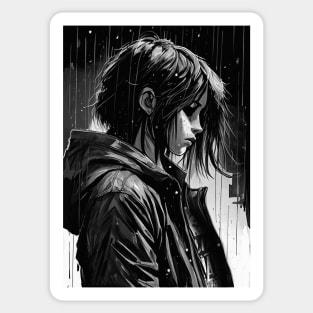 Sad anime girl in the rain Sticker
